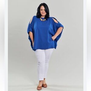 Alembika Boxy Dolman Top Cobalt Cold Shoulder Oversized Stretch NWT Sz 1X -Flaw